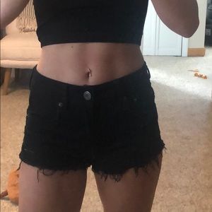 Black distressed denim shorts
